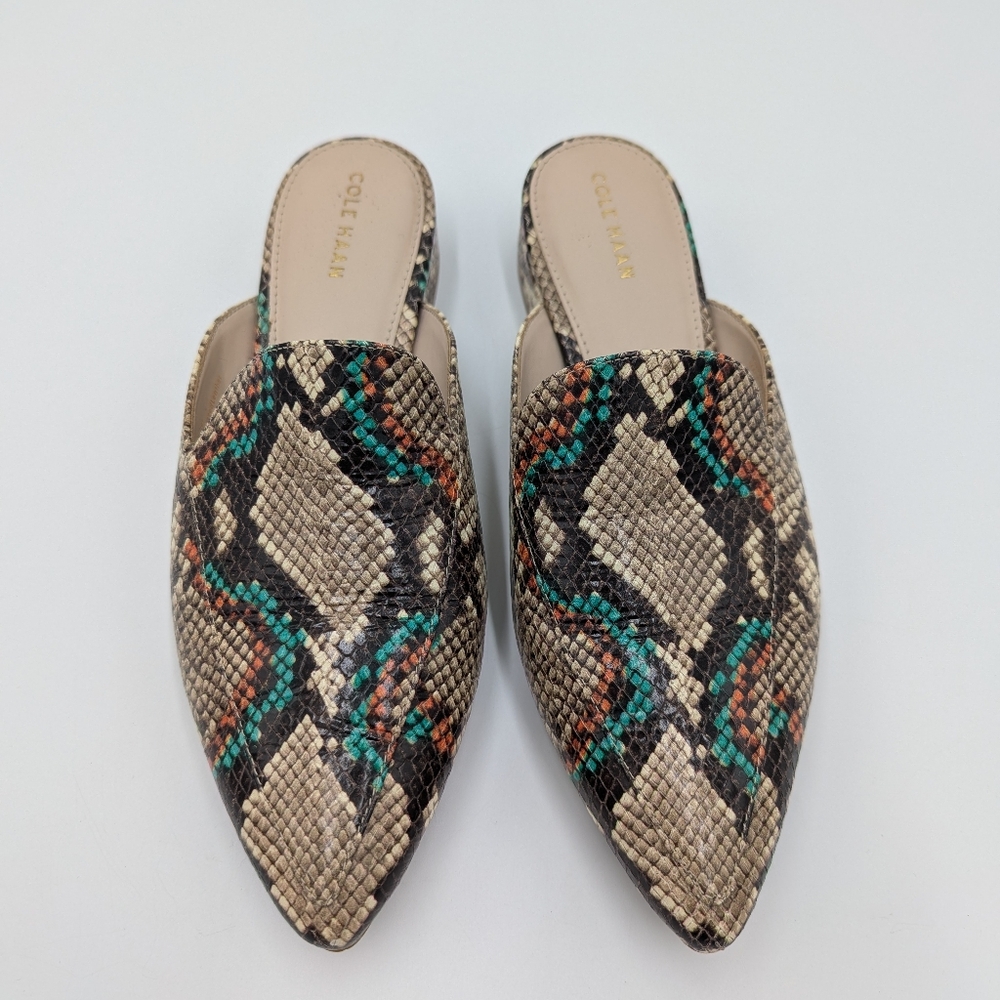 Cole Haan Boho Loafers Mules Snakeskin Print Pointed Toe Slides Leather 7B Women